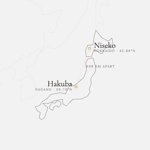 Map of Japan marking Hakuba in Nagano and Niseko in Hokkaidō, 698 km apart